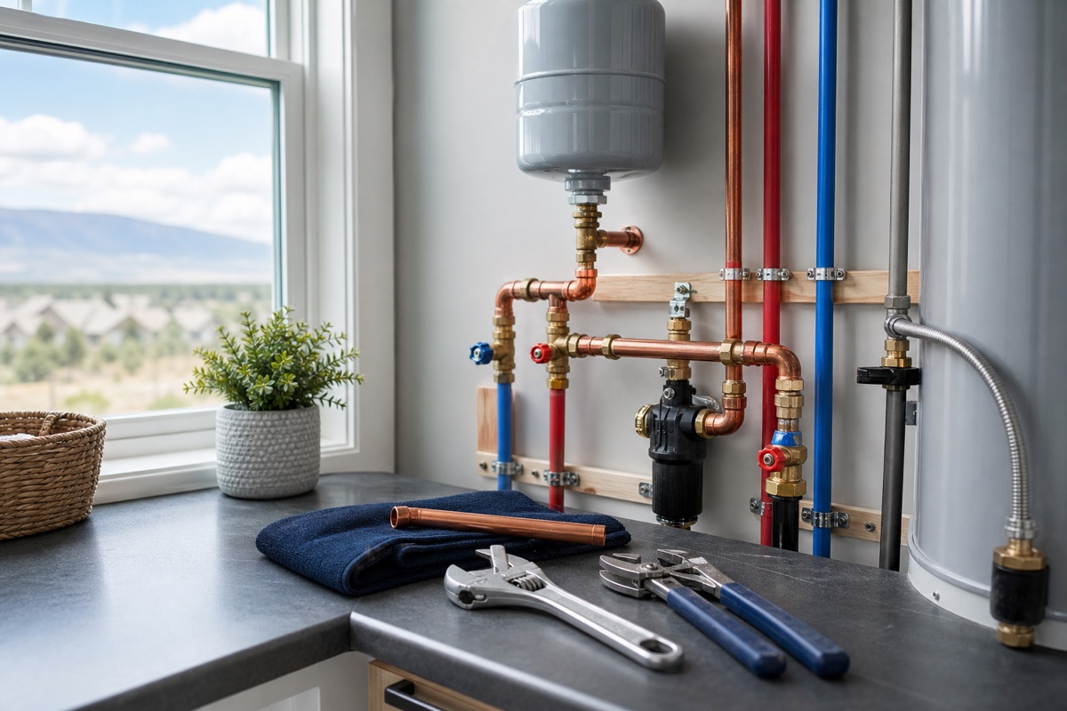 Residential plumbing system with Colorado foothills visible through a window